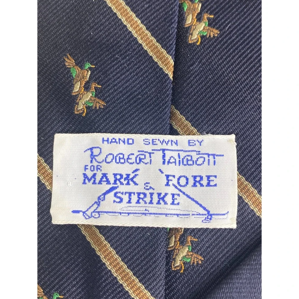 Robert Talbott‎ Mens Tie Navy Gold Silk Mallard Duck Stripe England 56x4